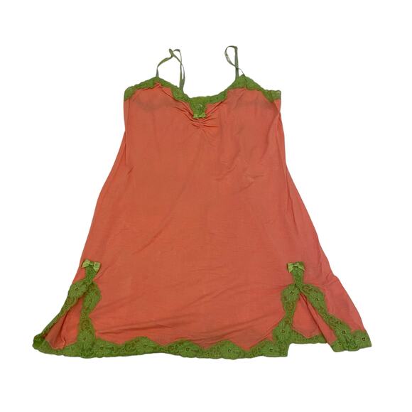 Betsey Johnson Orange and Green Size Large Nighty Cotton and Lace Slip Y2K - Picture 3 of 15